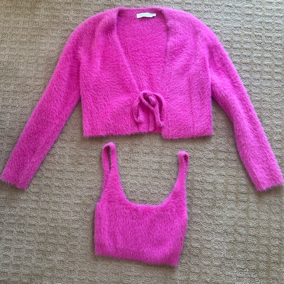 Jonathan Simkhai Sweaters - Jonathan Simkhai Vibrant Pink Fuzzy Cardigan Set